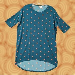 LuLaRoe Irma Stretch Tee Size XXS Dark Teal Green Orange Polka Dots Oversize Top